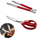 Korean Barbecue Scissors And Tongs Set, Bbq Scissors Bbq Tongs, Stainless Steel Ergonomic Sharp Shears And Clips For Kitchen, Cooking Clips,Pizza Shears For Easy Use (Red)