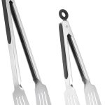 Metal Tongs for Cooking, Set of 2 Stainless Steel Spatula Tongs for Grilling, Cooking and Flipping, Strong Grip for Ribs, Steak and Fish, Comfortable Grip, Easy Pull Lock, 9 inch & 12 inch