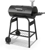 Barrel Charcoal Grill with Warming Rack, Outdoor BBQ Grill with Side Front Table with Spacious Cooking Grid Area for Backyard Patio Picnic Parties Camping, Black