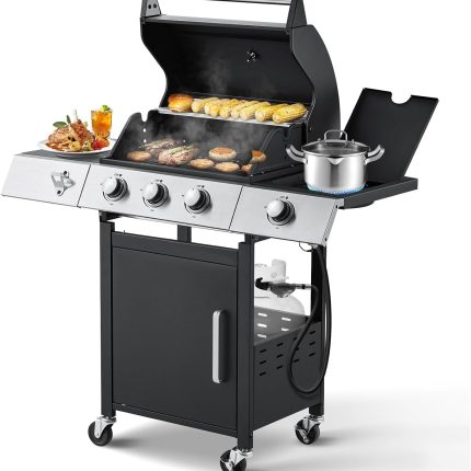 MELLCOM Upgraded 36,000 BTU Stainless Steel Burner Barbecue Grill, 3 Burner BBQ Propane Gas Grill with Cast Iron Grates & Side Stove for Patio, Camping, Outdoor Cooking