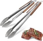 16" & 12" Heavy Duty Stainless Steel Grill Tongs with Locking Mechanism & Heat-Resistant Wooden Handle - 2-Pack BBQ Tongs for Grilling, Barbecue, Kitchen Cooking Accessories