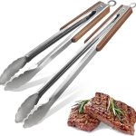 16" & 12" Heavy Duty Stainless Steel Grill Tongs with Locking Mechanism & Heat-Resistant Wooden Handle - 2-Pack BBQ Tongs for Grilling, Barbecue, Kitchen Cooking Accessories