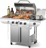 4-Burner Gas Grill, 42000 BTU BBQ Grill, Stainless Steel Barbecue Grill with Side Burner, Enameled Cast Iron Grill, Pull-Out Oil Tray, Suitable For Outdoor, Backyard Barbecues